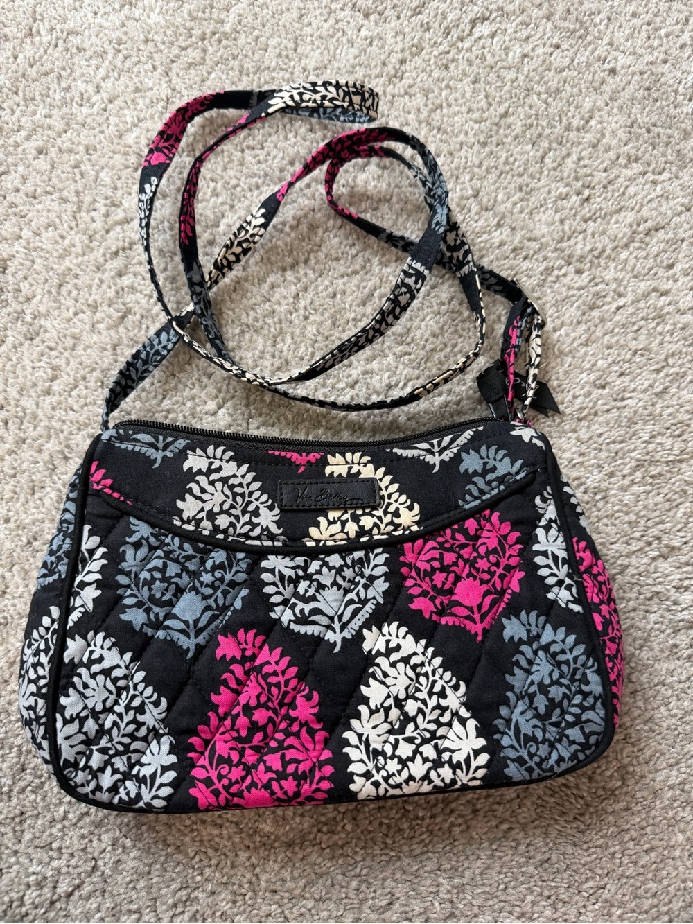 Vera Bradley Black Quilted Crossbody with Pink, Gray and White Damask
